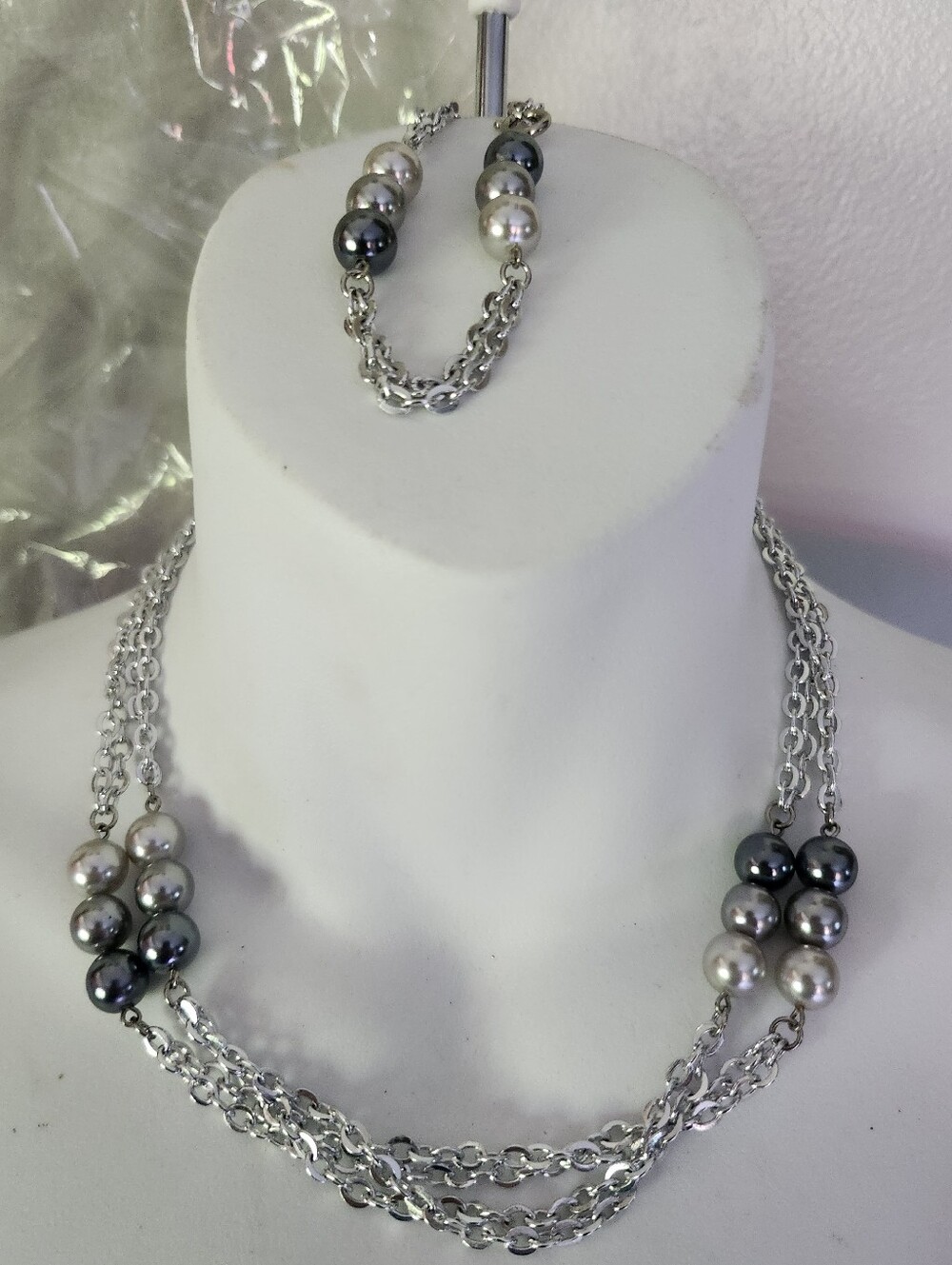 Vtg Sarah Coventry Silver Tone Beaded Station Necklace & Bracelet Set